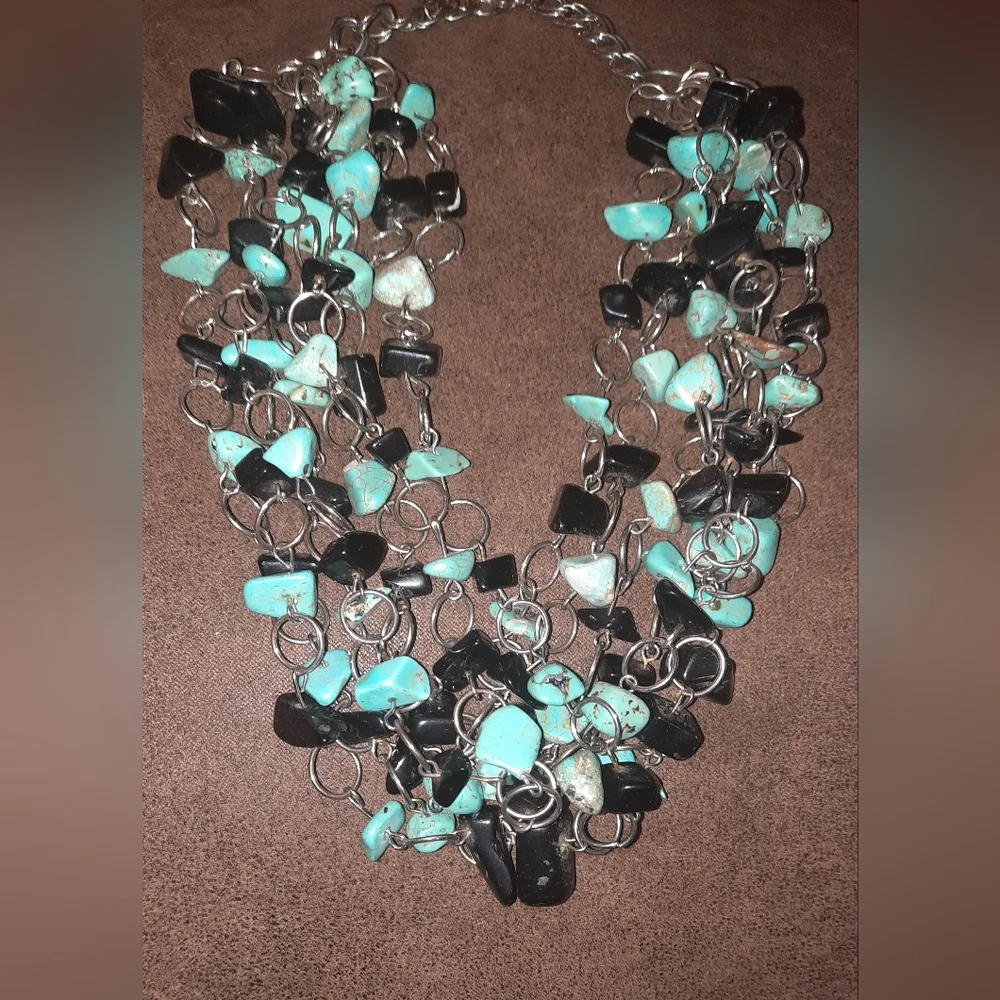 Turquoise and black genuine nugget multistrand necklace silvertone